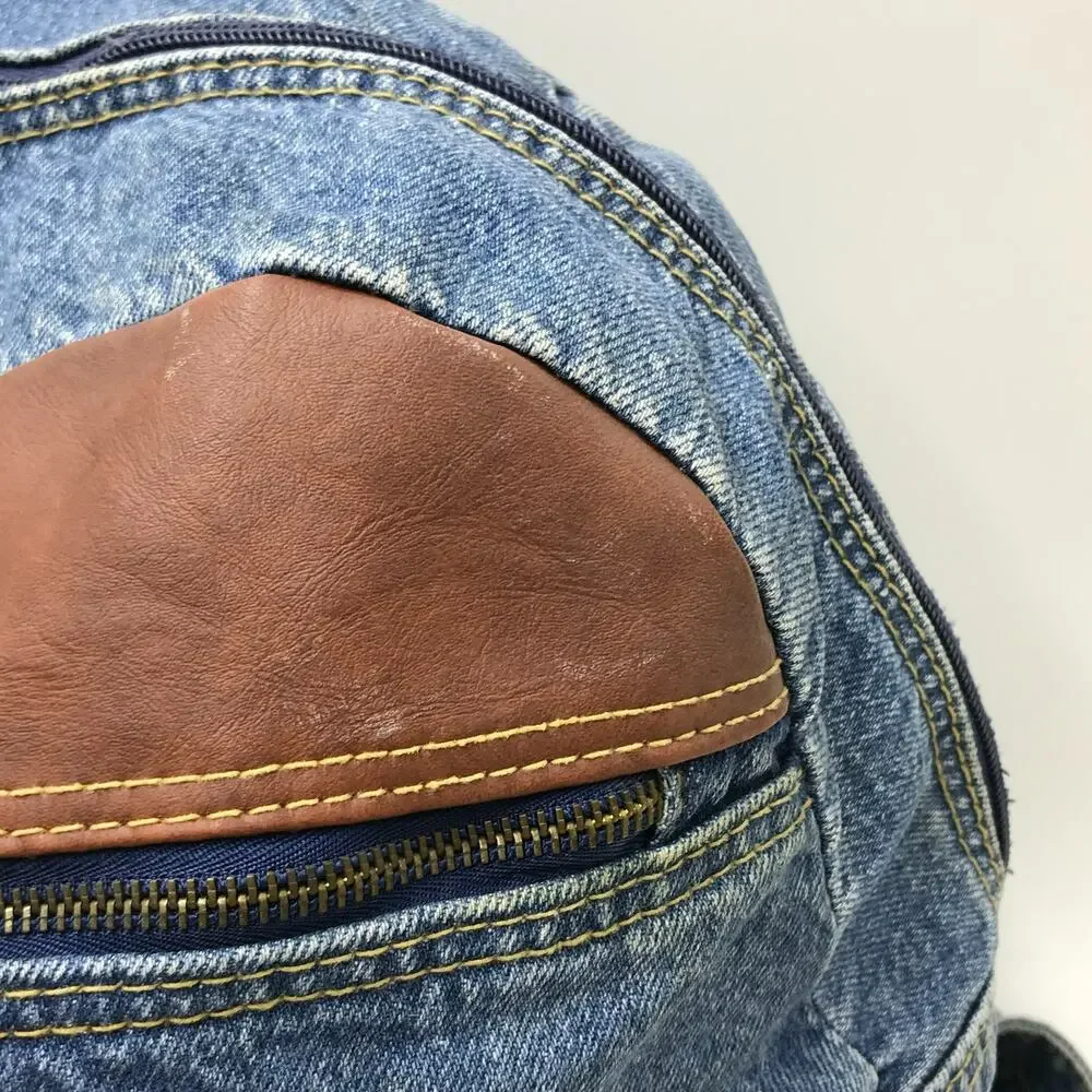 Vintage Riders Blue Jean Denim Backpack Leather Accents Utility Book Bag 90s